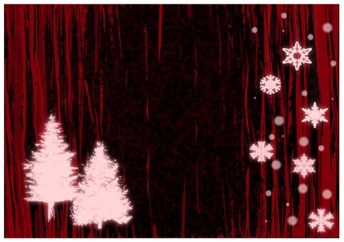 Christmas illustration of glowing red snowflakes and trees.