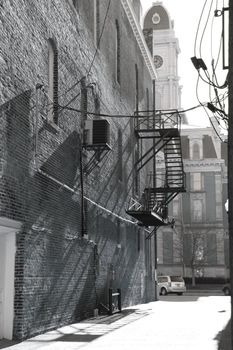 A small town alley somewhere in America shot with muted colors.