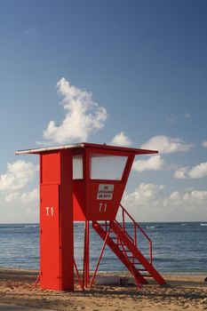 A life Guard tower on the beach of Waikiki.
