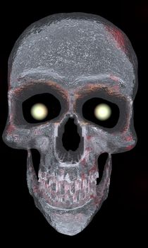 A digital skull with glowing eyes with an icy appearance.