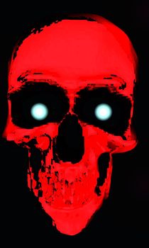 A red digital skull with glowing eyes.