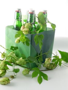 Box with green Beer bottles isolated on white