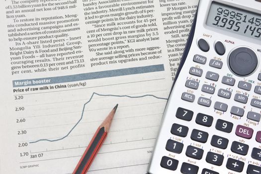 Stock chart with a calculating machine and a pencil.