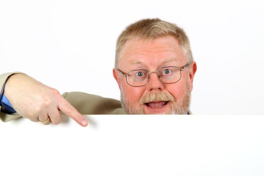 Businessman showing a blank clipboard, over a white background
