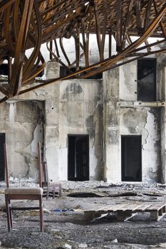 
Discarded building, metal roof fall down