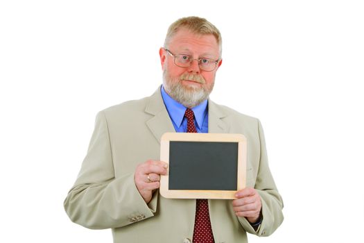 Businessman is holding a chalkboard- place for text, isolated on white background.