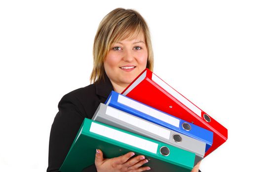 Young woman holding folders on white background