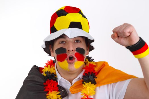 German soccer fan on white background. Shot in studio.