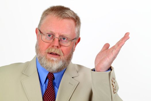 Hand signal from a senior businessman isolated on white background