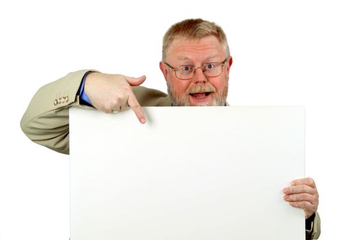 Businessman showing a blank clipboard, over a white background
