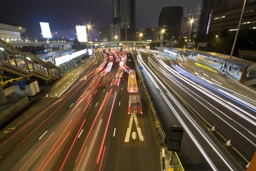 Traffic in Hong Kong at night.