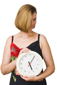 Woman with watch on white background