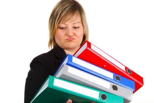 Young woman holding folders on white background