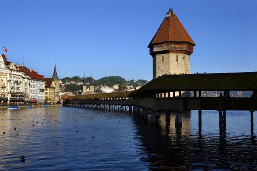 The Chapel Bridge and Lake Lucerne, in the city of Lucerne, Switzerland.
