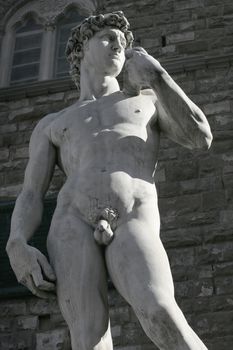 Michelangelo's replica David statue late in the day as the sun casts long shadows over the city of Florence.
