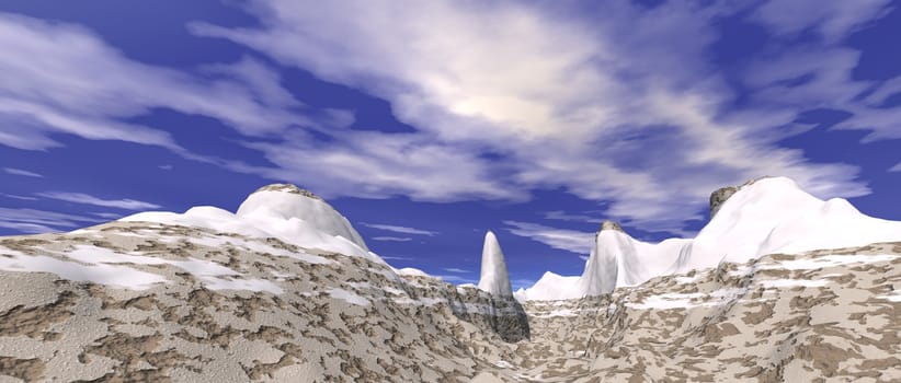 a 3d render of a snowy mountain landscape