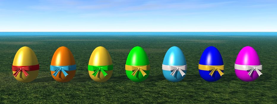 a 3d render of colored easter eggs on the grass