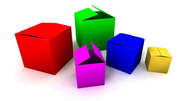 a 3d render of colored boxes over a white background