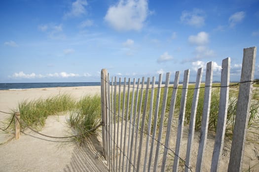 Weathered wooden fence on sand dune.