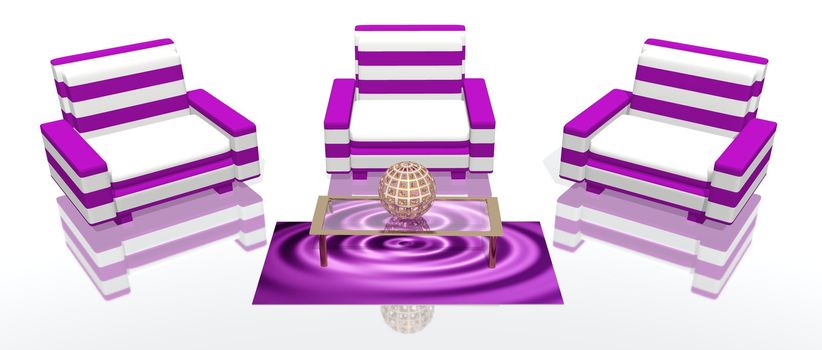 a 3d rendering of a white and purple lounge