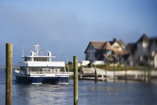 Ferry boat heading into channel on Bald Head Island, North Carolina.