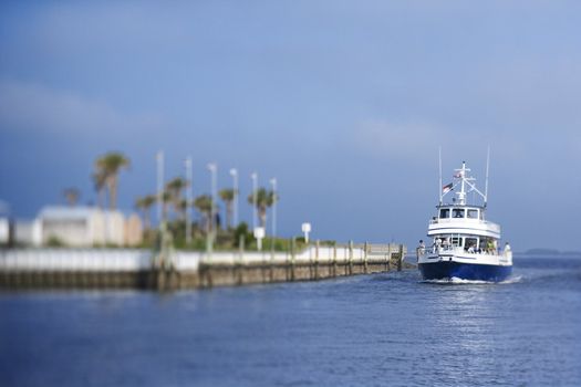 Ferry boat heading into port on Bald Head Island, North Carolina.