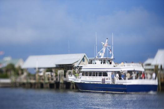 Ferry boat heading into port on Bald Head Island, North Carolina.