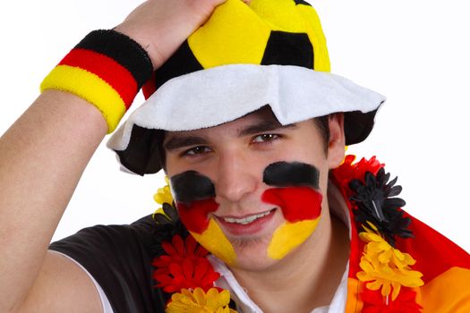 German soccer fan on white background. Shot in studio.