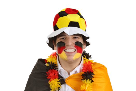 German soccer fan on white background. Shot in studio.