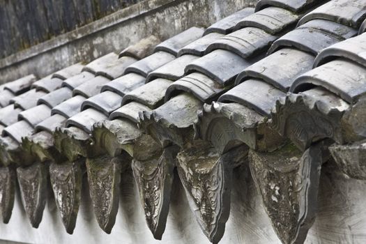 An aerial view over Chinese tiles roofs in an ancient Chinese village