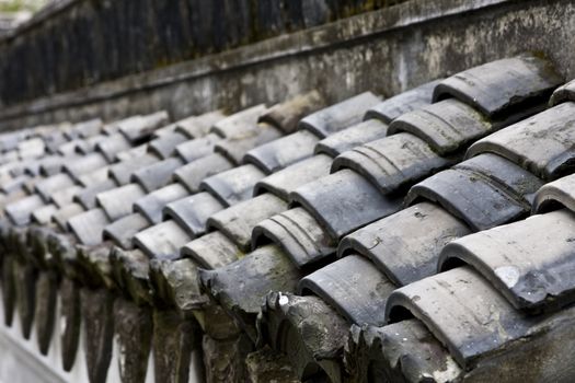 An aerial view over Chinese tiles roofs in an ancient Chinese village