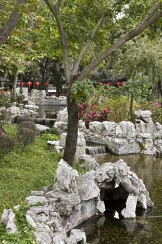 A typical Chinese garden with a pond