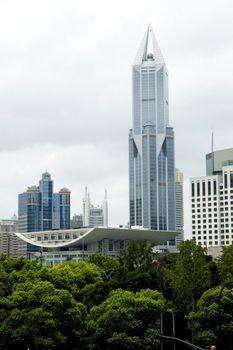 China, Shanghai city. General view with modern buildings, skyscrapers, offices, hotels around People's Square.