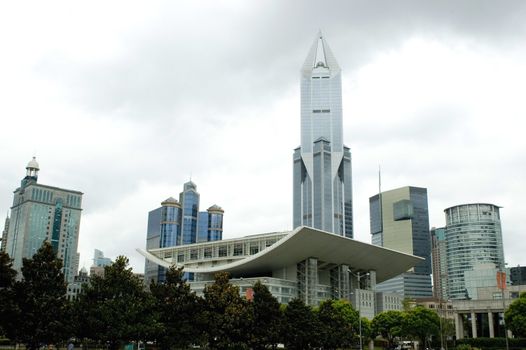 China, Shanghai city. General view with modern buildings, skyscrapers, offices, hotels around People's Square.