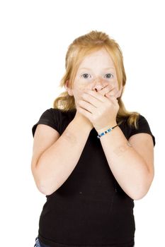 little girl is being shocked isolated on a white background