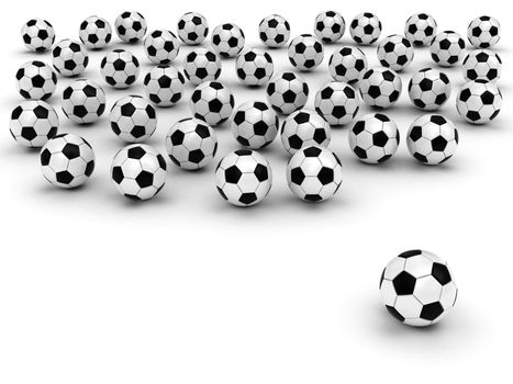 Soccer balls on white background rendered with soft shadows. High resolution 3D image.