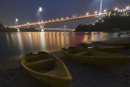 It is beautiful night scenes of Bridge in Hong Kong.