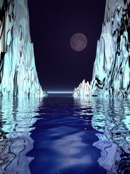 A surrealistic scene of a moon rising over floating ice bergs.