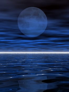 An illustration of a surreal moonset over water.