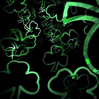 An illustration of a shamrock shaped confetti falling on a black background.