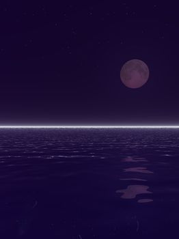 An illustration of a surreal moonset over water.