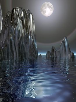 A surrealistic scene of a moon rising over floating ice bergs.