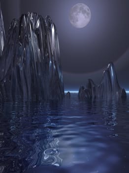 An illustration of a surreal moonset over water.