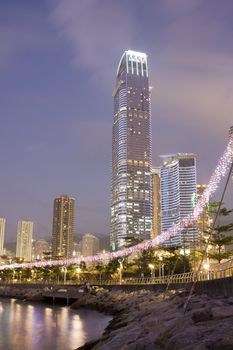 Hong Kong at night with highrise buildings
