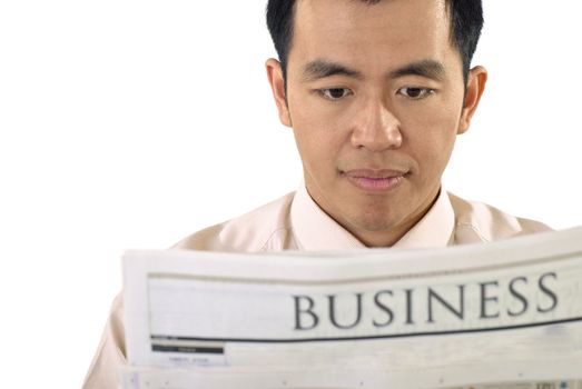 Businessman read newspaper of business on white background.