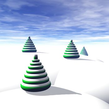 A virtual snowy world with abstract Christmas trees.