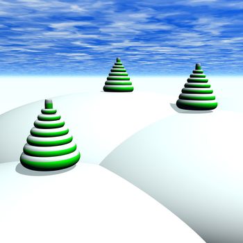 A virtual snowy world with abstract Christmas trees.