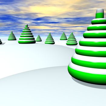 A virtual snowy world with abstract Christmas trees.