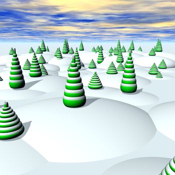 A virtual snowy world with abstract Christmas trees.