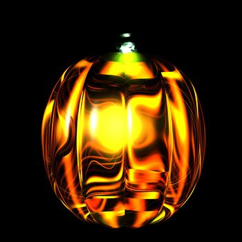 An illustration of a pumpkin made of glass lit up on a black background.